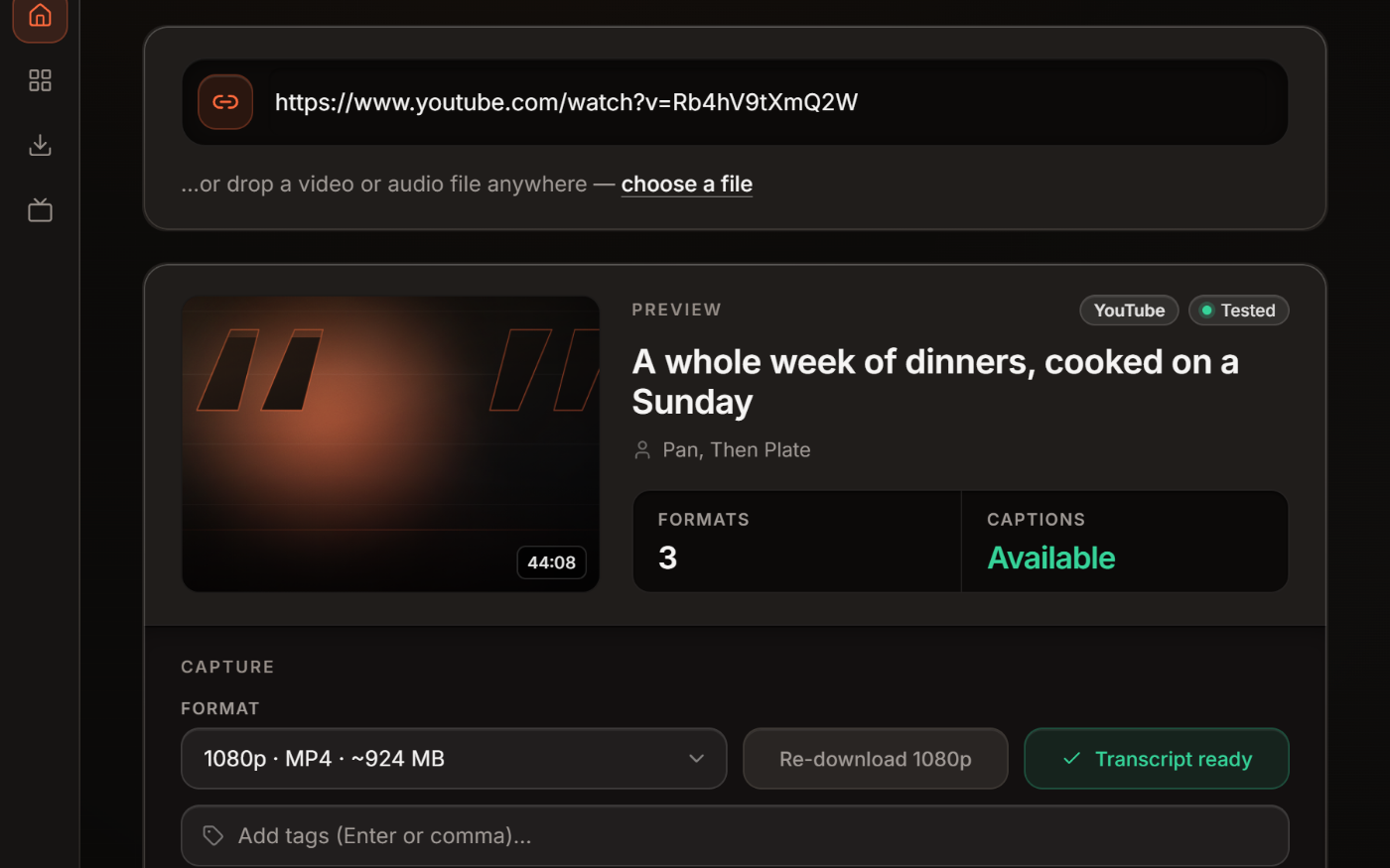 Sift's home screen with a video link pasted in, showing the title, thumbnail, channel and the quality options, ready to save.