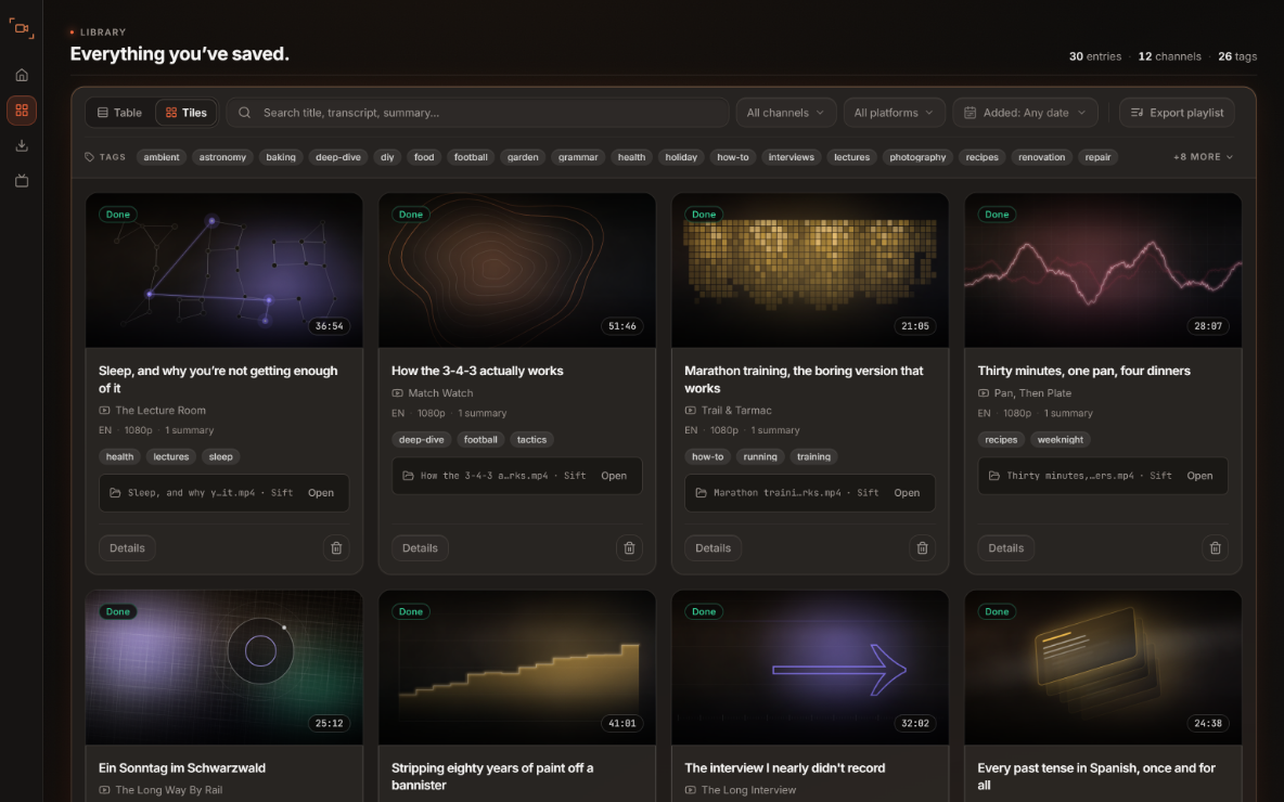 Sift's library as thumbnails: rows of saved videos with their titles, who made them and their labels, with a search box and filters above.